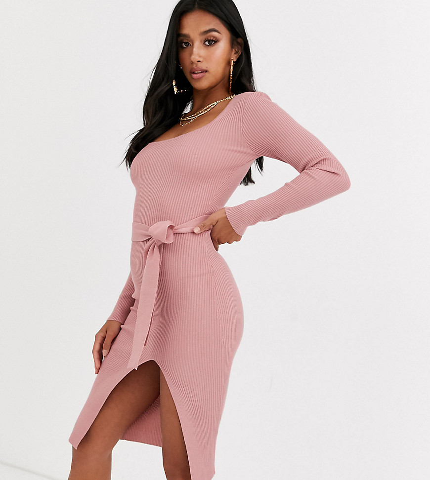 Missguided Petite ribbed tie waist midi dress in pink