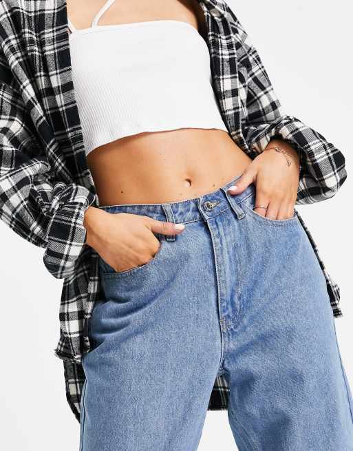 Missguided Petite riot high waisted mom jean in blue, 3 of 4