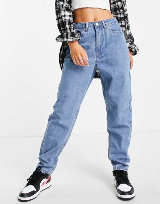 Missguided Petite riot high waisted mom jean in blue, 4 of 4