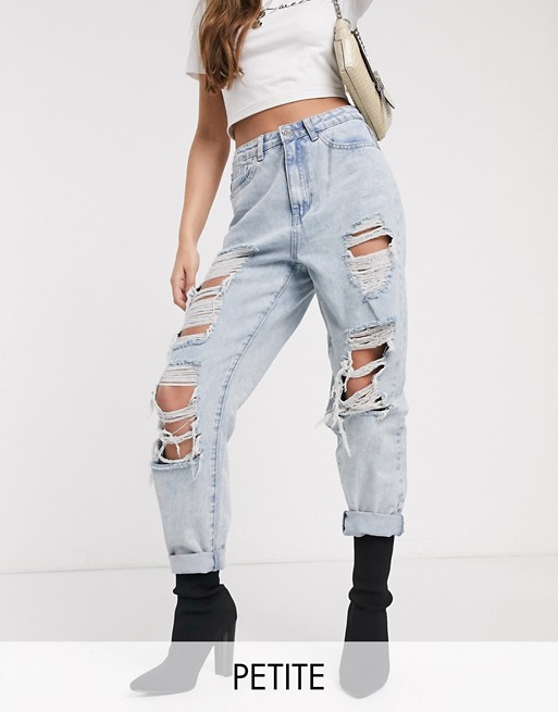 Missguided Petite riot mom jeans in vintage wash with rips