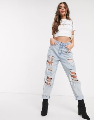 missguided light blue wash riot vintage distress mom jeans