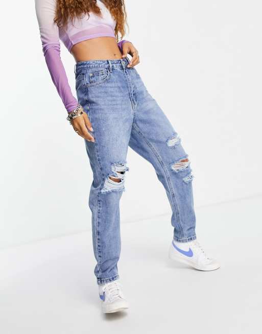 Basic High Waisted Slashed Knee Mom Jeans