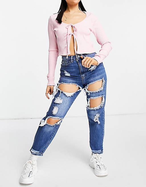 Jeans Missguided Petite Riot recycled high rise jean with rips in blue 