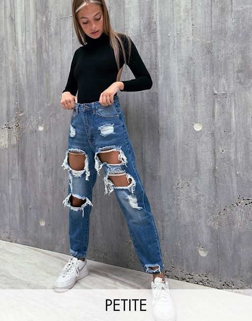 Missguided Petite ripped mom jeans in blue