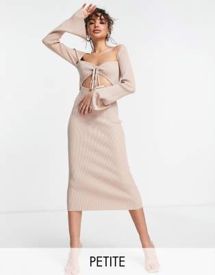 Missguided Petite ruched cut out knitted midaxi dress in camel-Neutral