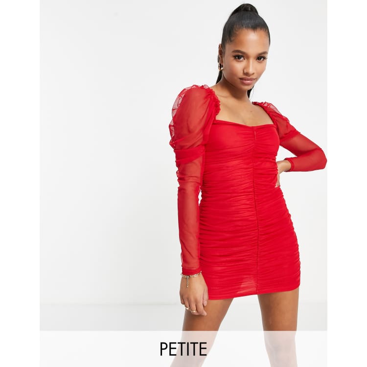 Missguided Petite ruched mesh mini dress with long sleeve in red ASOS