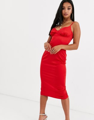 ruched red midi dress