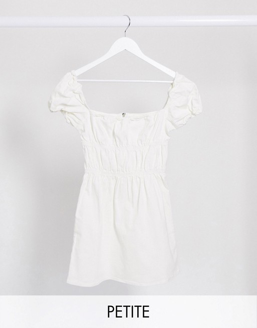 Missguided Petite ruched milkmaid denim dress in white