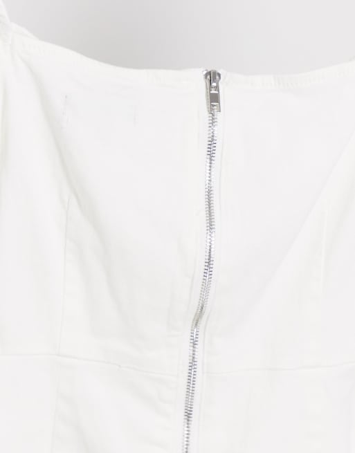 Missguided Petite ruched milkmaid denim dress in white