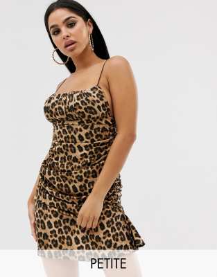 Missguided Petite ruched mini dress with frill hem in leopard print-Multi