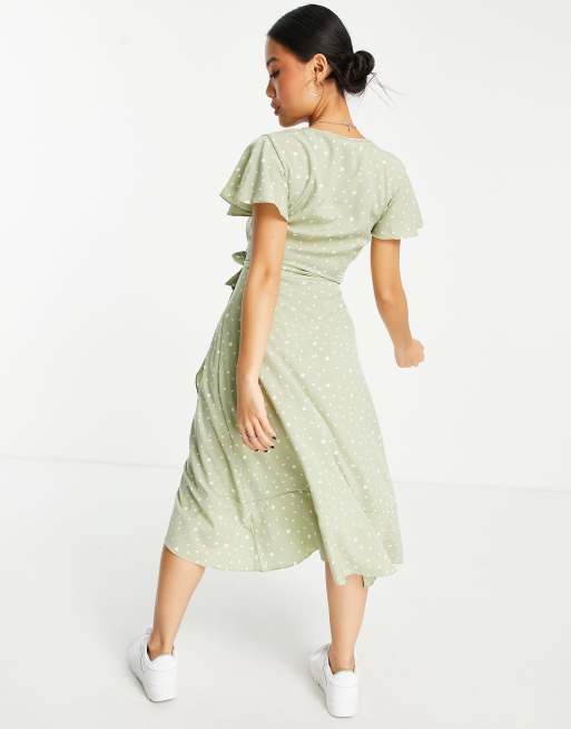 Missguided Petite – Salviafärgad prickig teaklänning i midilängd med omlottdesign fram, 2 av 4