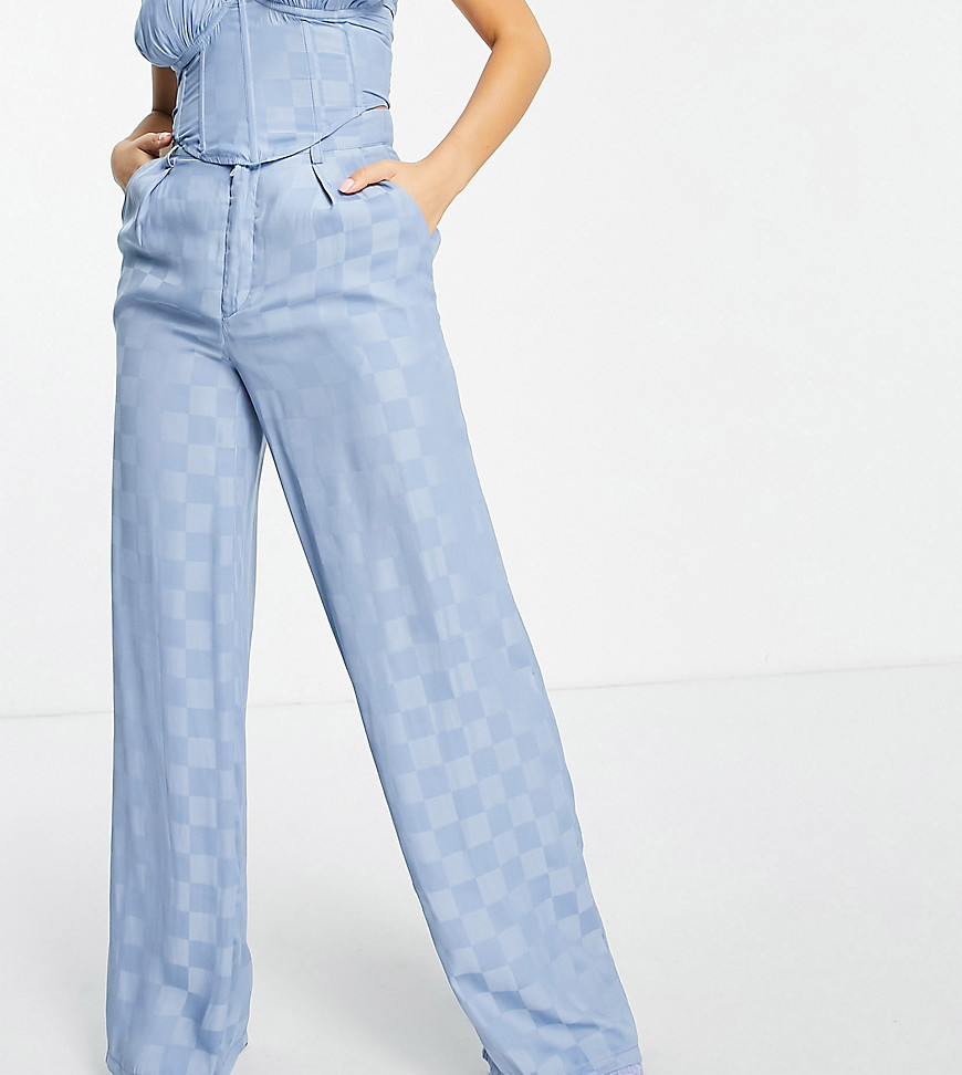 Missguided Petite satin checkerboard pants in blue - part of a set-Blues