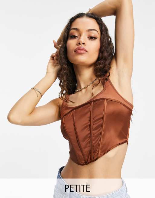 Missguided Petite satin corset with mesh panel in brown