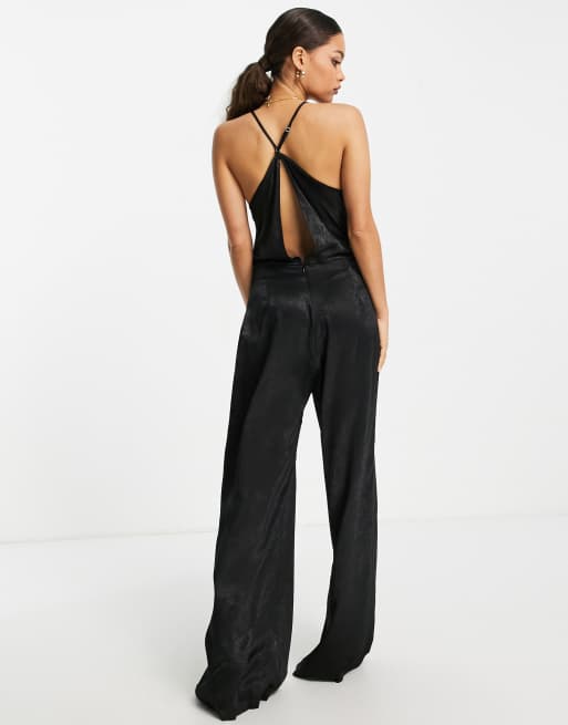 Missguided Petite satin cowl neck wide leg jumpsuit in black