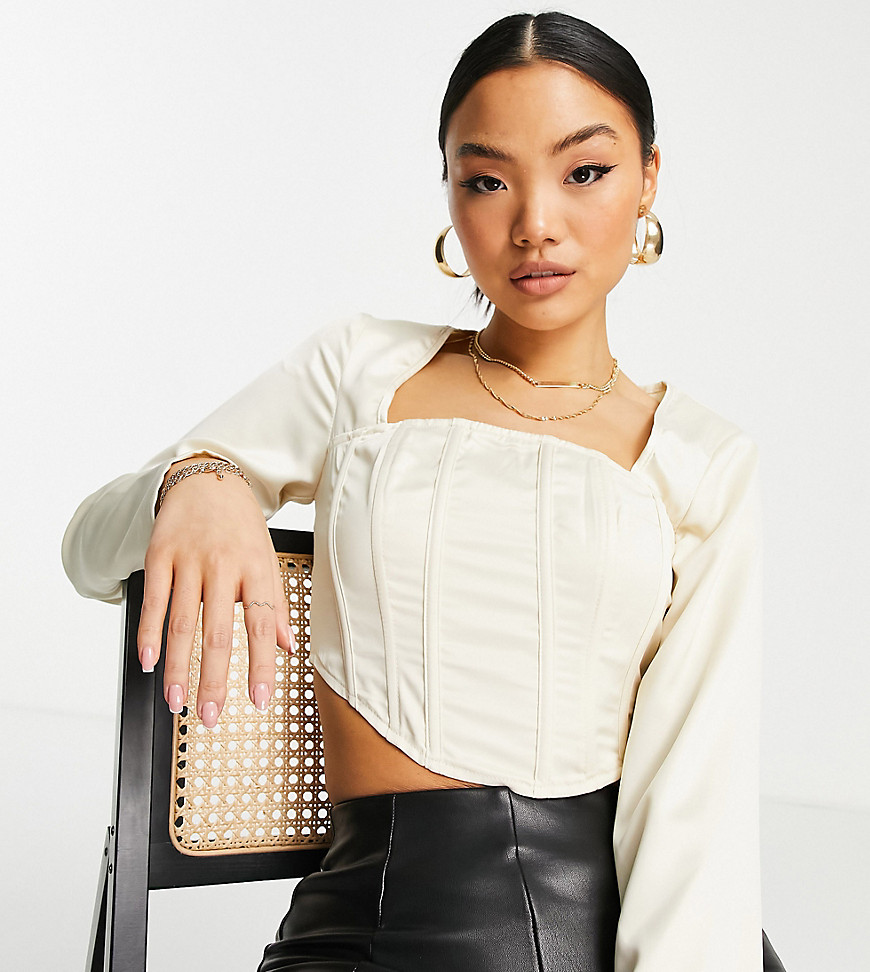 Missguided Petite satin cut out detail corset top in cream-White