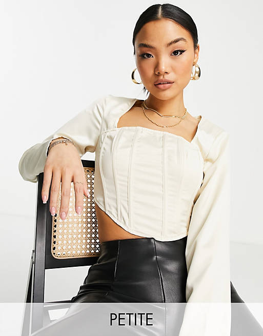  Missguided Petite satin cut out detail corset top in cream 
