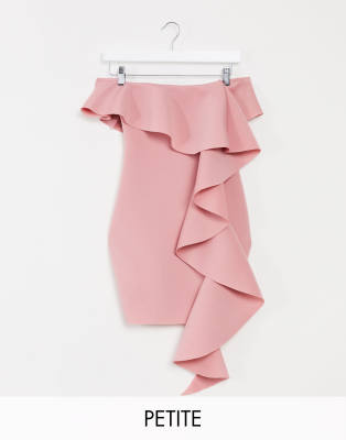 Missguided Petite scuba bardot mini dress with ruffle detail in blush-Pink