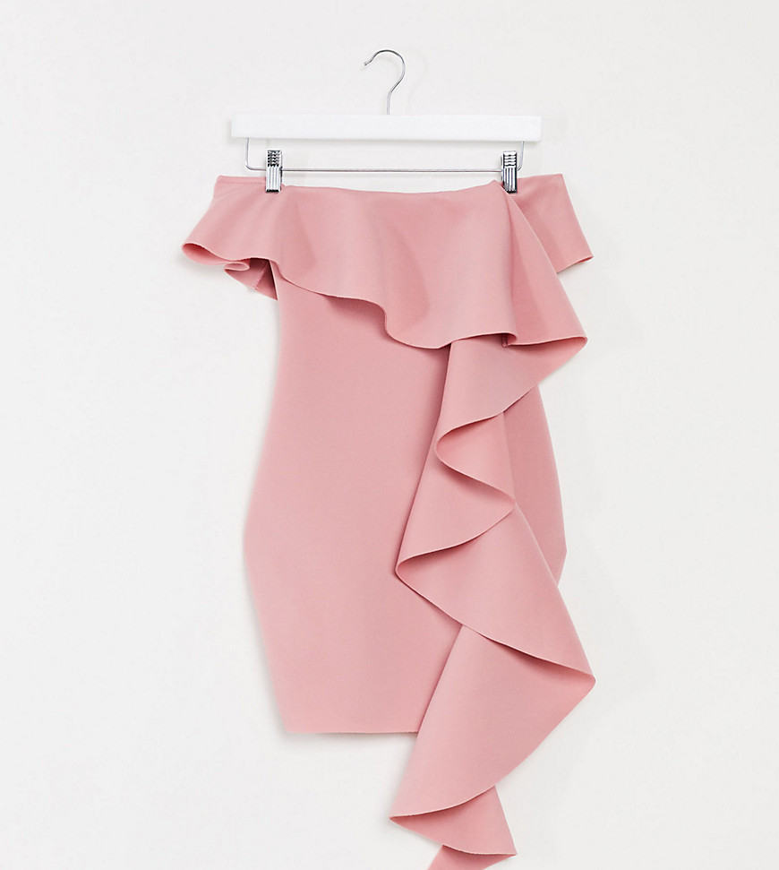Missguided Petite scuba bardot mini dress with ruffle detail in blush-Pink