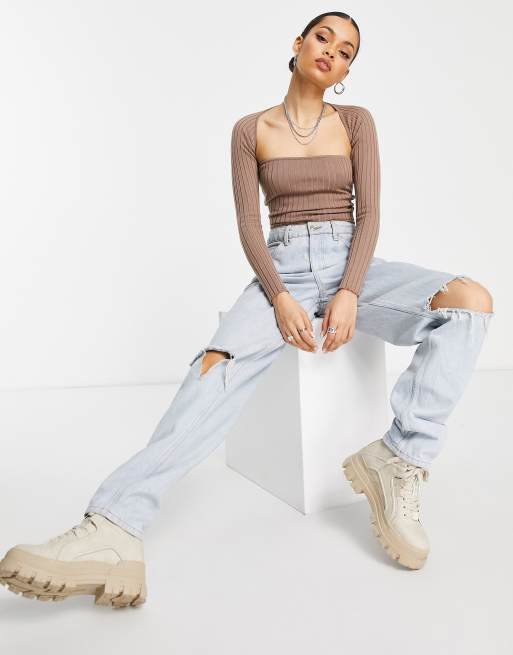 Missguided Petite - Set van geribbelde crop top en bolero in bruin, 4 van 4