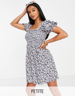 Missguided Petite shirred bust mini dress with puff sleeve in blue