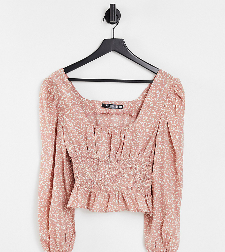 Missguided Petite shirred detail puff sleeve blouse in pink
