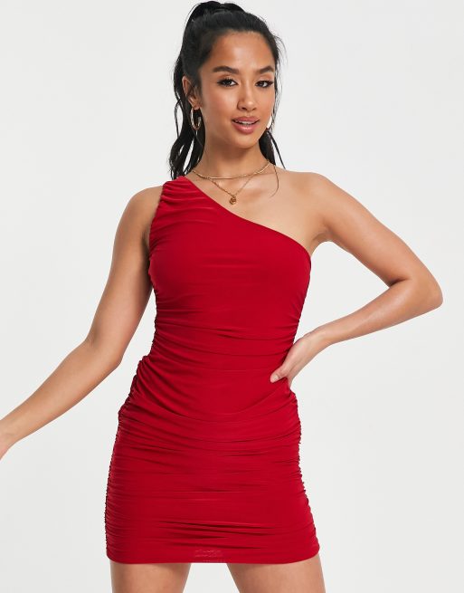 Missguided red one cheap shoulder dress