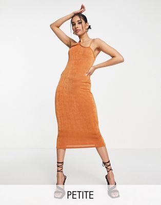 Missguided Petite slinky strappy midaxi dress in brown