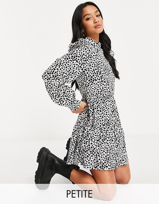 Missguided Petite smock dress with frill shoulder detail in white leopard