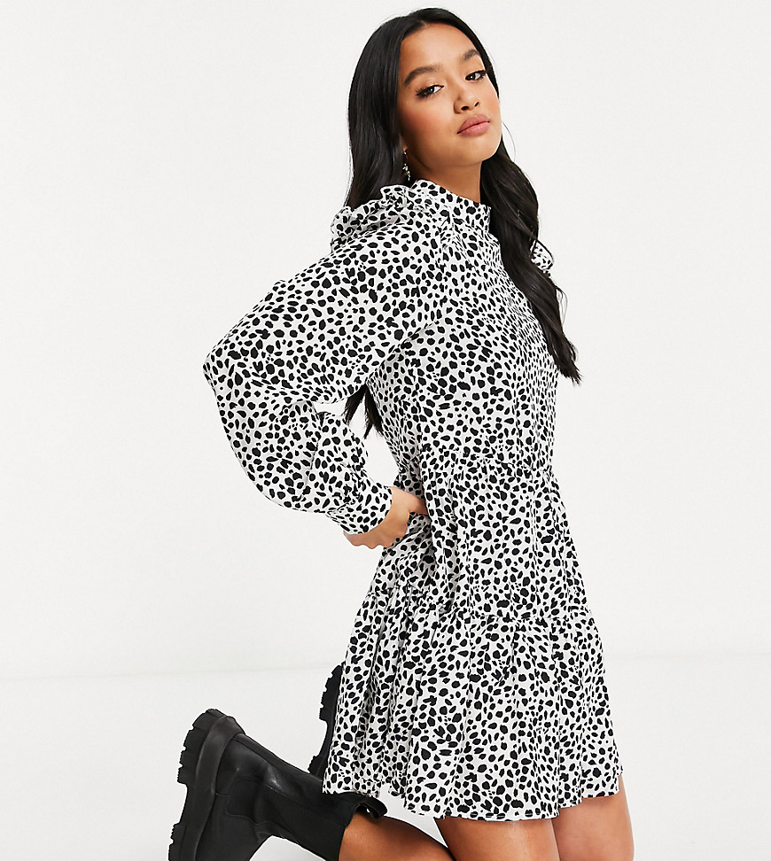 Missguided Petite smock dress with frill shoulder detail in white leopard
