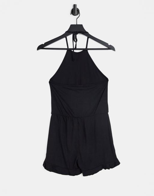 Missguided Petite - Sort playsuit med halterneck og flæsedetaljer, 2 af 4