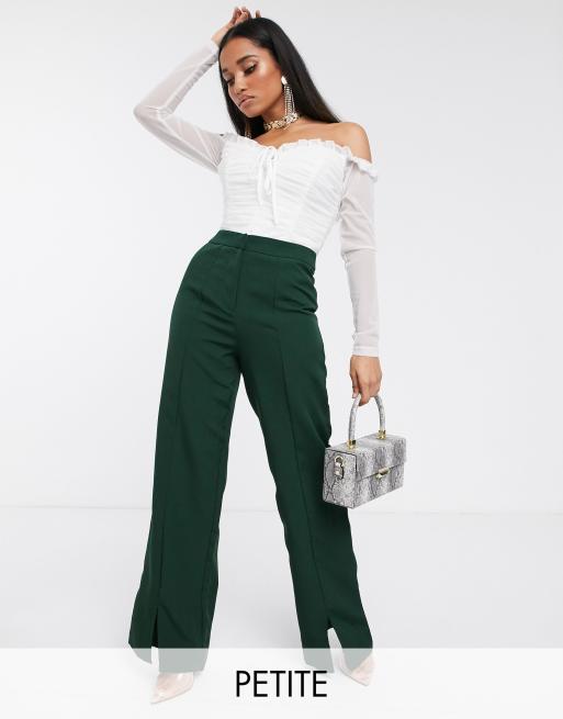 Missguided Petite split front wide leg pants in green | ASOS