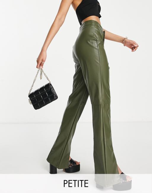 Missguided Petite split hem faux leather pants in khaki