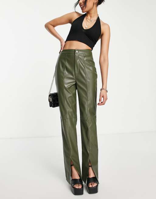 Missguided Petite split hem faux leather trouser in khaki