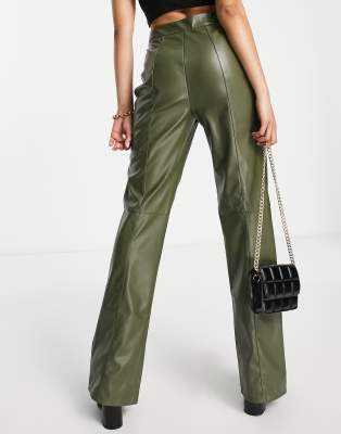 Missguided Petite split hem faux leather trouser in khaki, ASOS