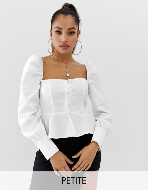 Missguided Petite square neck peplum blouse with puff sleeve in white ...