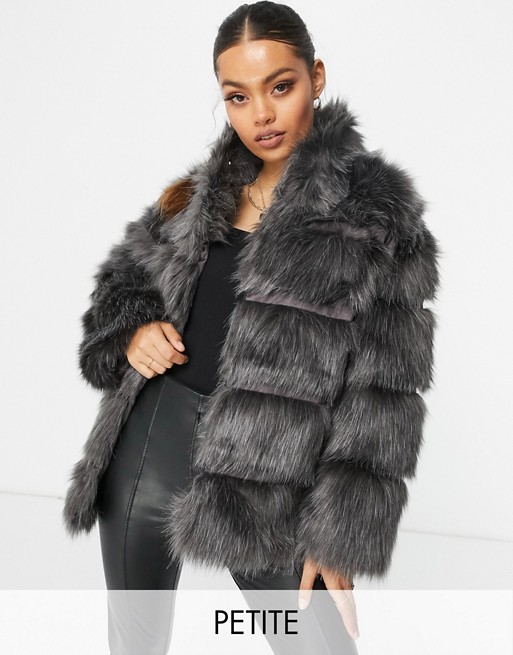 Missguided Petite stand collar faux fur coat in grey