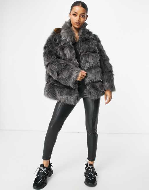 Missguided Petite stand collar faux fur coat in grey