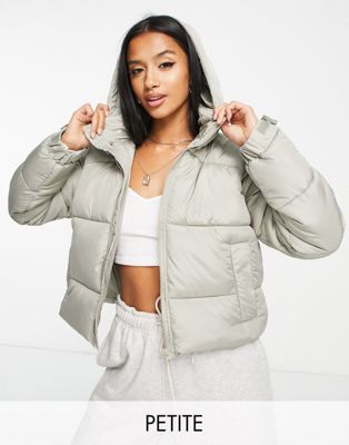 Missguided Petite stepped hem puffer jacket in sage