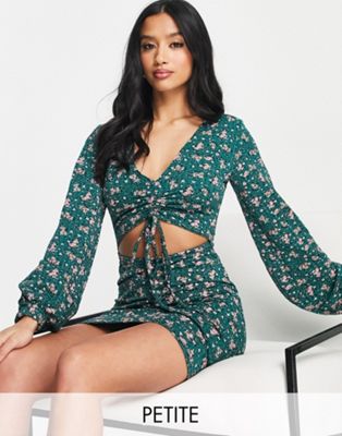 Missguided Petite tie front dress with balloon sleeves in green floral