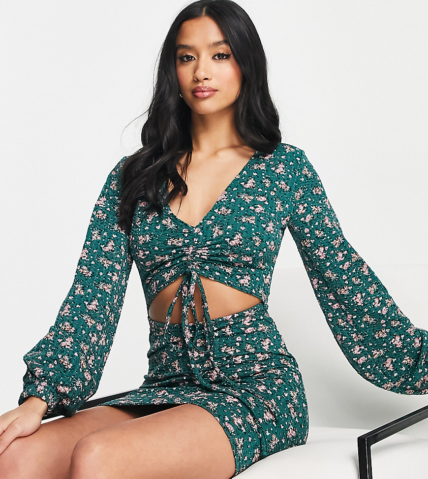 Missguided Petite tie front dress with balloon sleeves in green floral-Multi