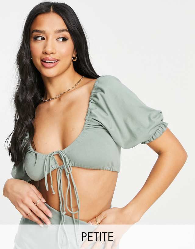 Missguided Petite tie front top in sage - part of a set