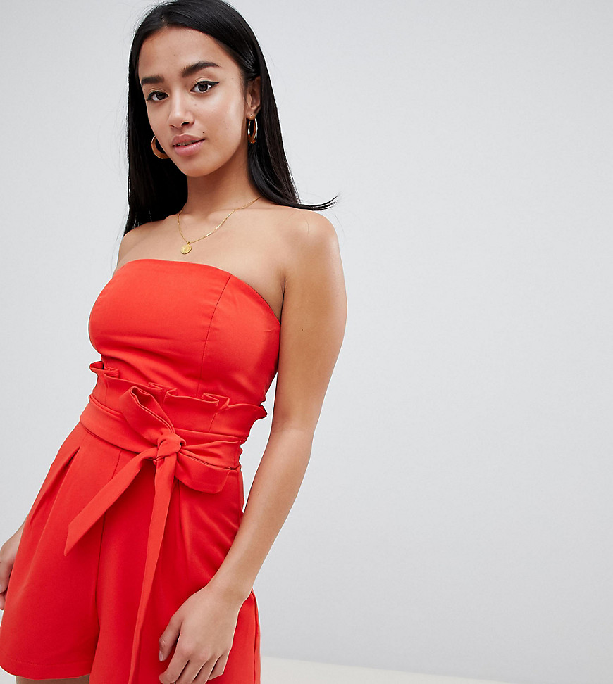 Missguided Petite Tie Waist Bandeau Playsuit-Red