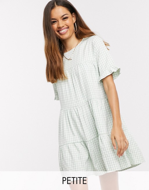 Missguided Petite tiered smock dress in mint gingham check