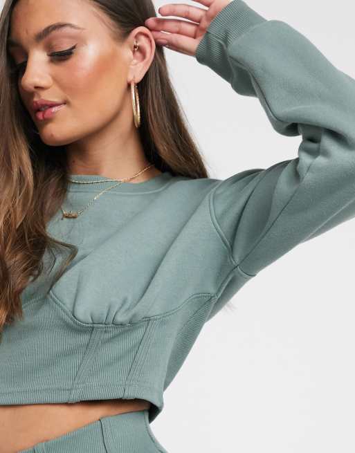 Missguided Petite two piece corset detail cropped sweatshirt in sage