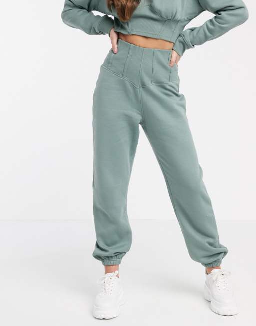 Missguided Petite two piece corset detail sweatpants in sage ASOS