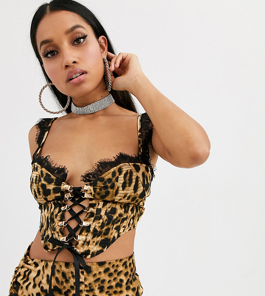 Missguided Petite two-piece lace up detail satin bralette in leopard-Multi