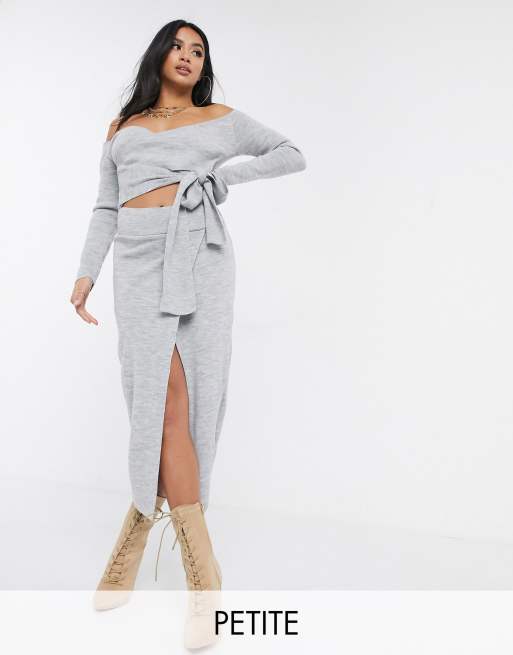 Missguided Petite two piece wrap knitted midi skirt in gray