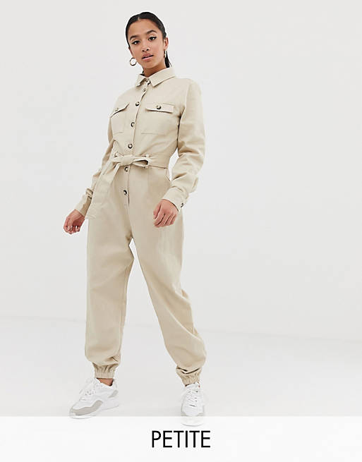 Missguided Petite utility long sleeve belted jumpsuit in beige | ASOS