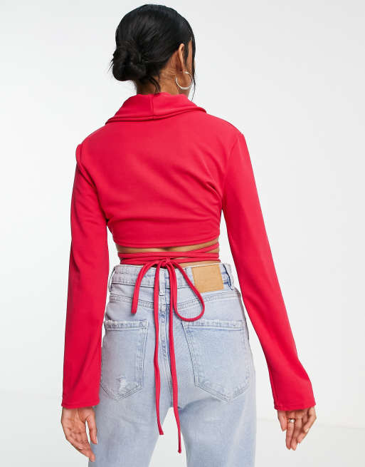 Missguided Petite - Varm pink cropped blazer med bindebånd, 4 af 4
