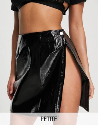 Missguided Petite vinyl split side mini skirt in black